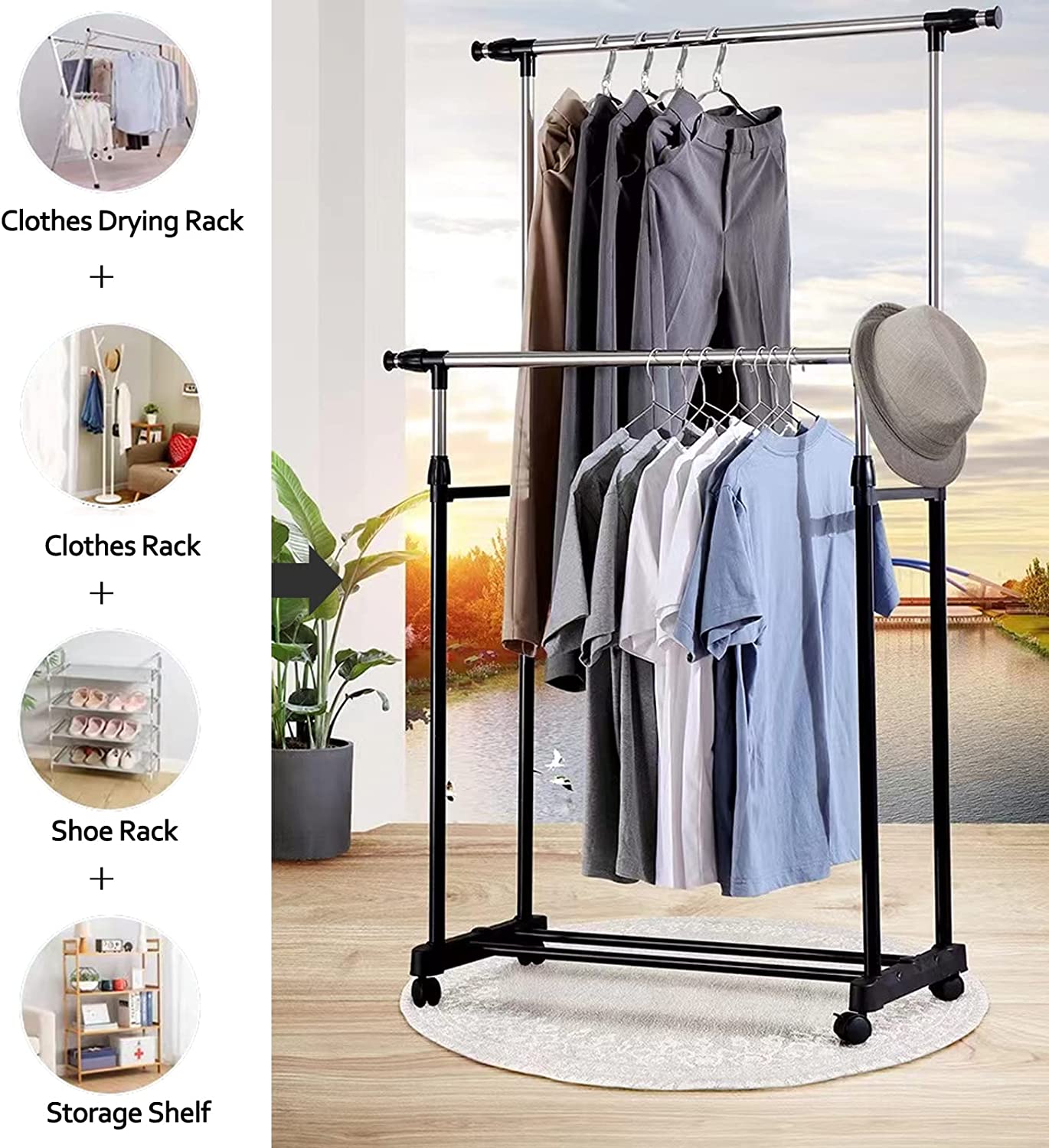 Adjustable Clothes Coat Garment Hanging Rail Rack Storage Double Stand Castors Adjustable Clothes Coat Garment Hanging Rail Rack Storage Double Stand Castors